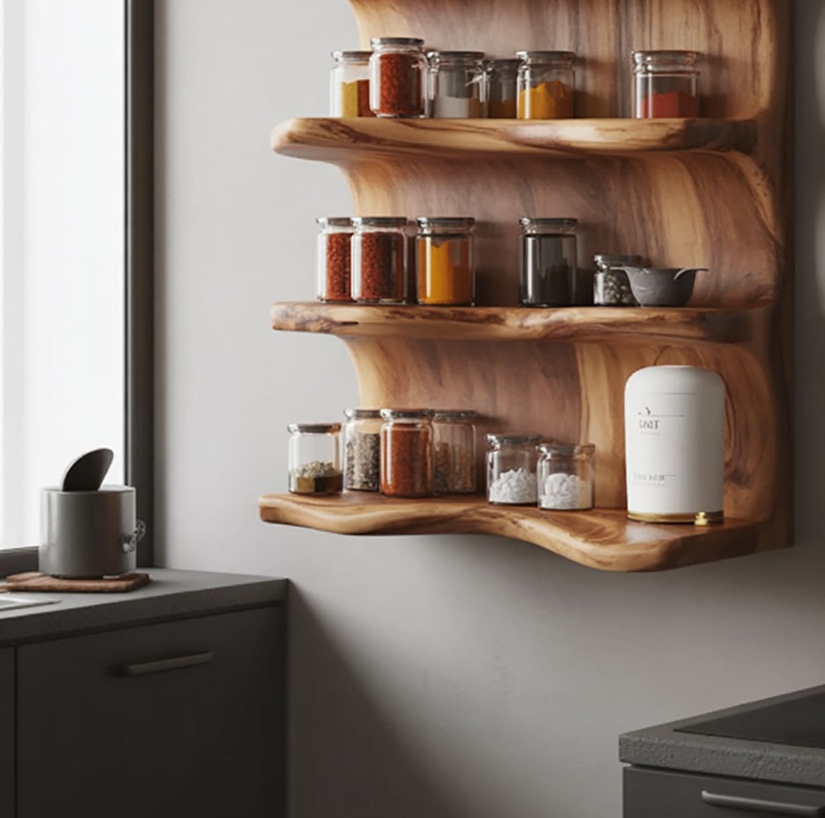 Solid wood floating kitchen shelf with natural wood grain and handcrafted craftsmanship