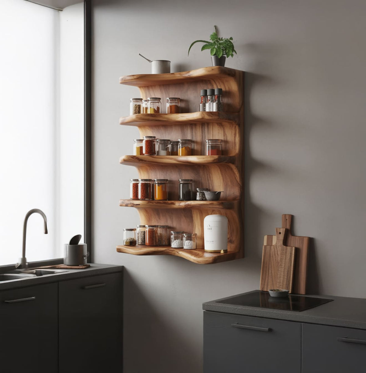 Wavy solid wood kitchen shelf displaying spice jars in a modern farmhouse kitchen