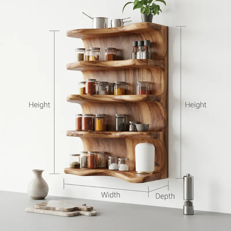 Wavy 5-Tier Solid Wood Wall Kitchen Shelf | Handcrafted Spice Rack Floating Display Shelving