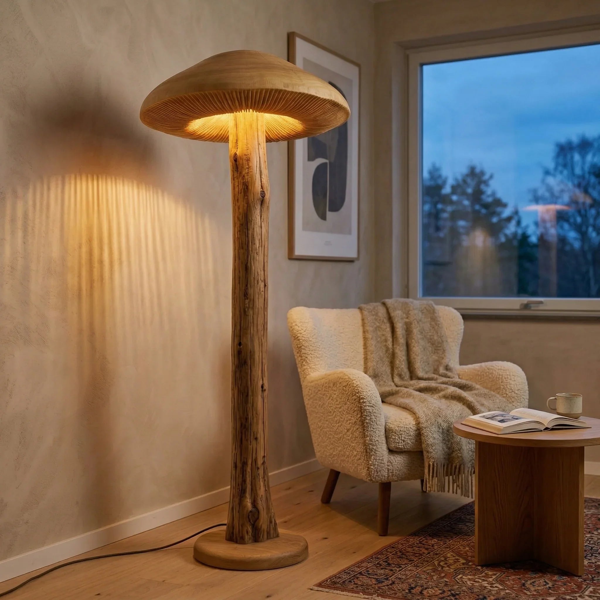 Wide Parasol Mushroom Floor Lamp | Dense Gill Glow | Stripped Log