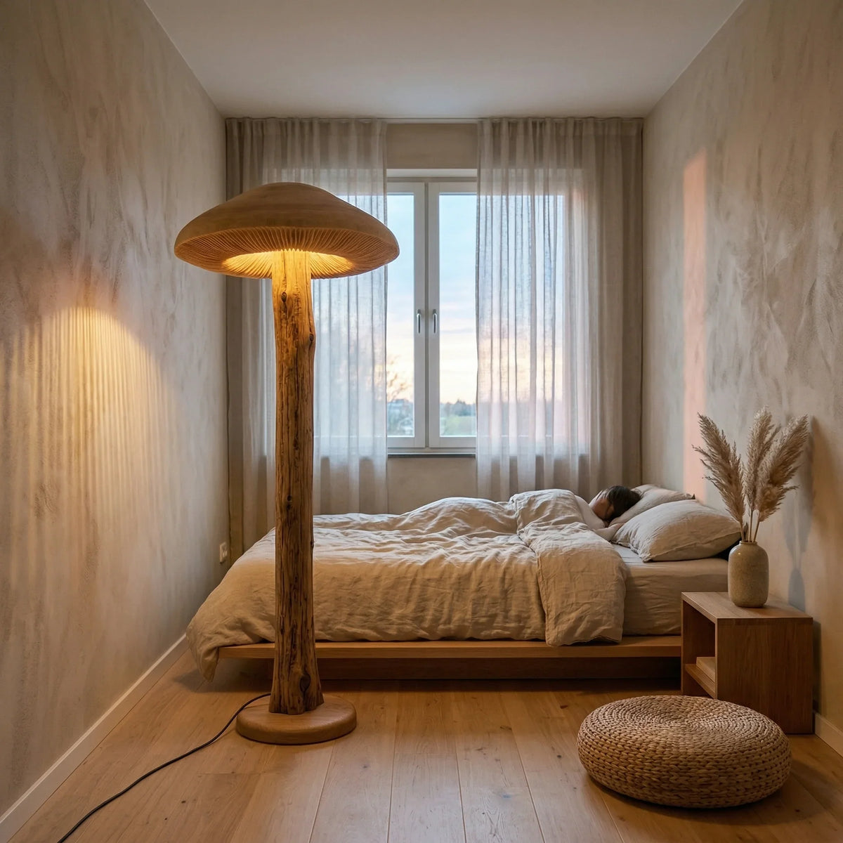 Hand-carved mushroom-shaped floor lamp with wooden log stem in a minimalist bedroom