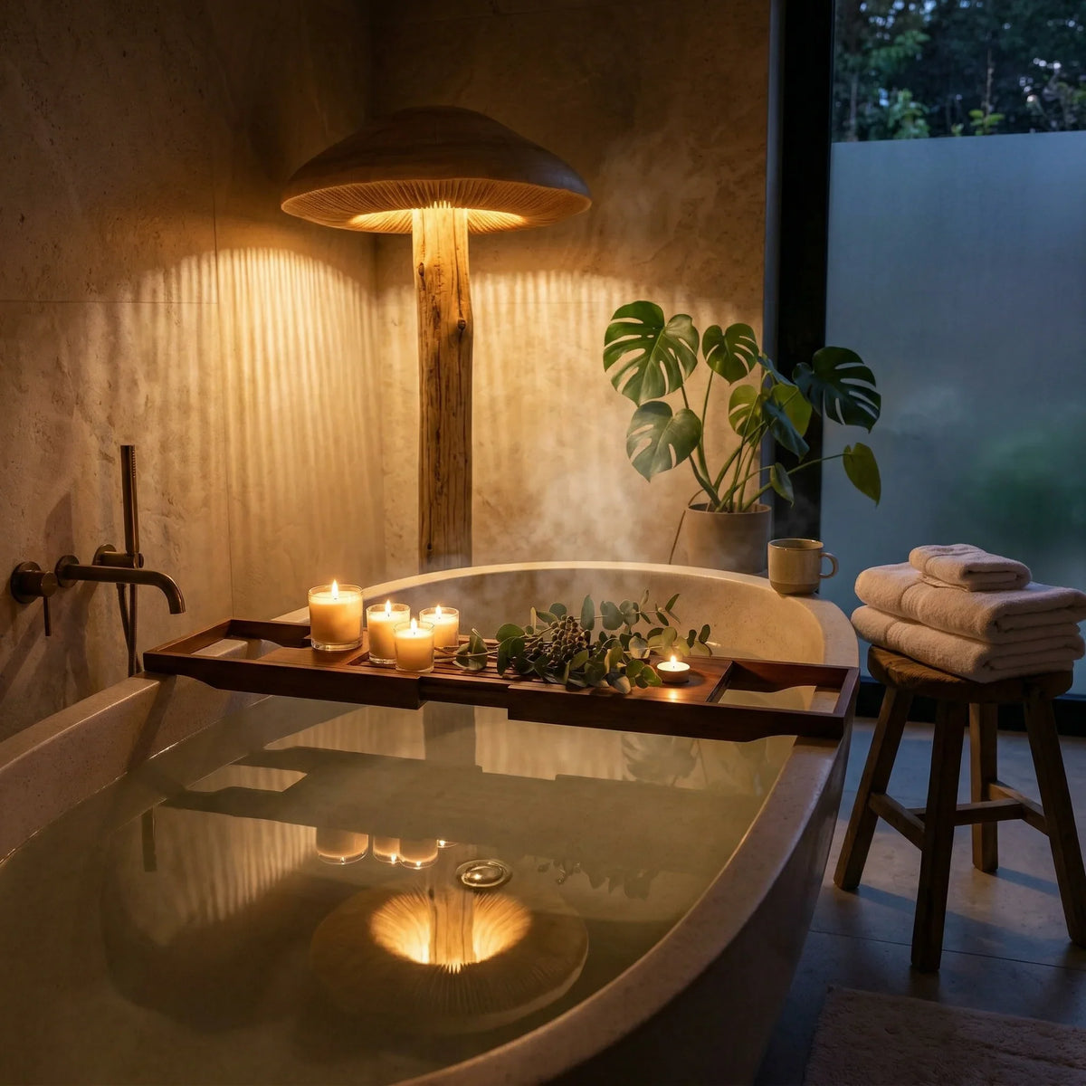 Wide parasol mushroom floor lamp with hand-carved wood stem beside a relaxing bathtub setting