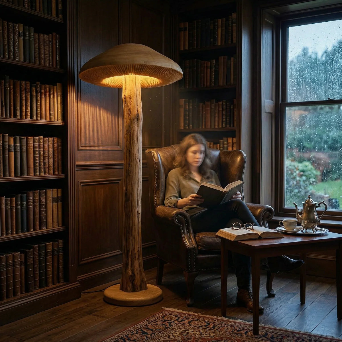 Wide parasol mushroom floor lamp with hand-carved wood in cozy library reading nook