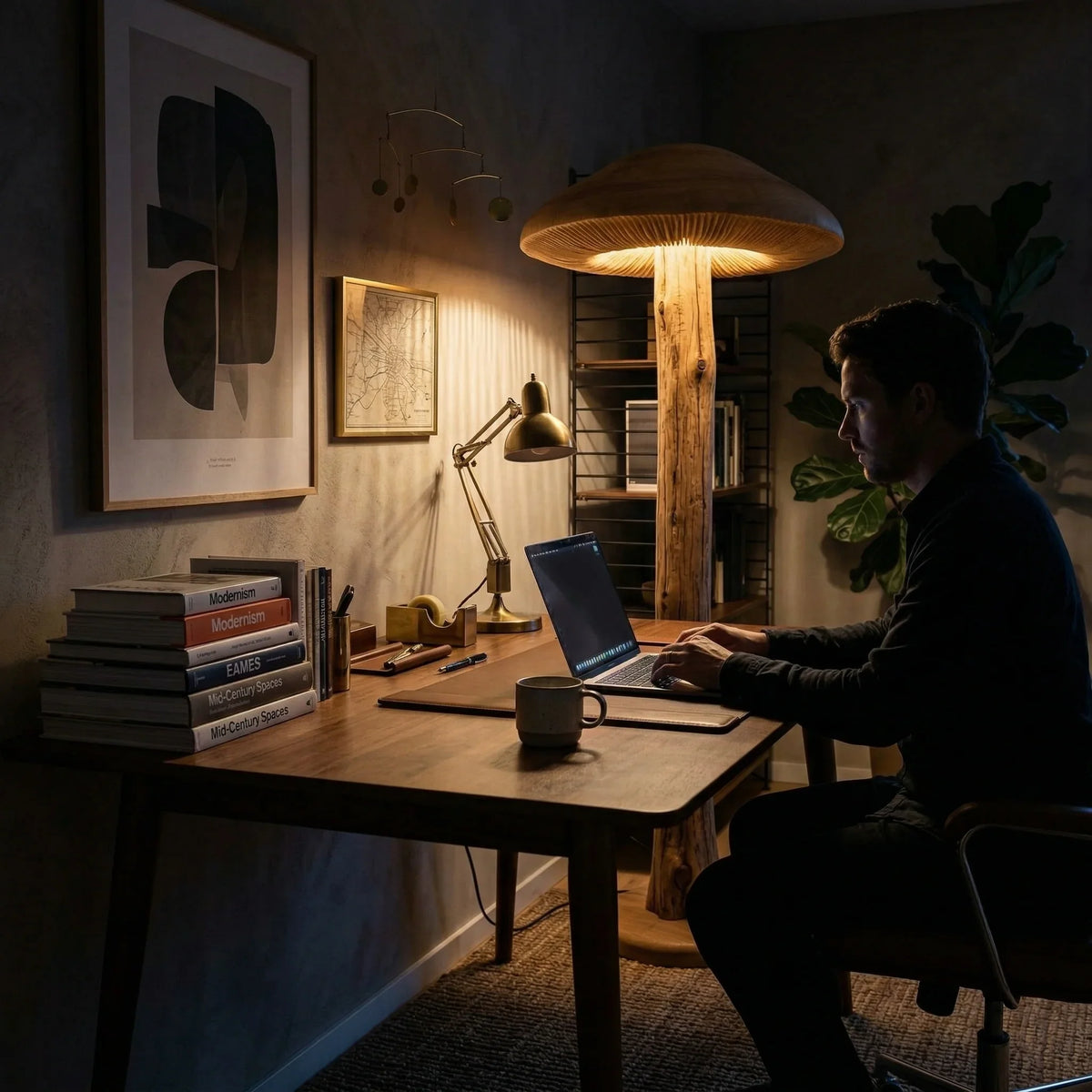 Wide parasol mushroom-inspired floor lamp with hand-carved gills beside a wooden desk in a cozy home office.