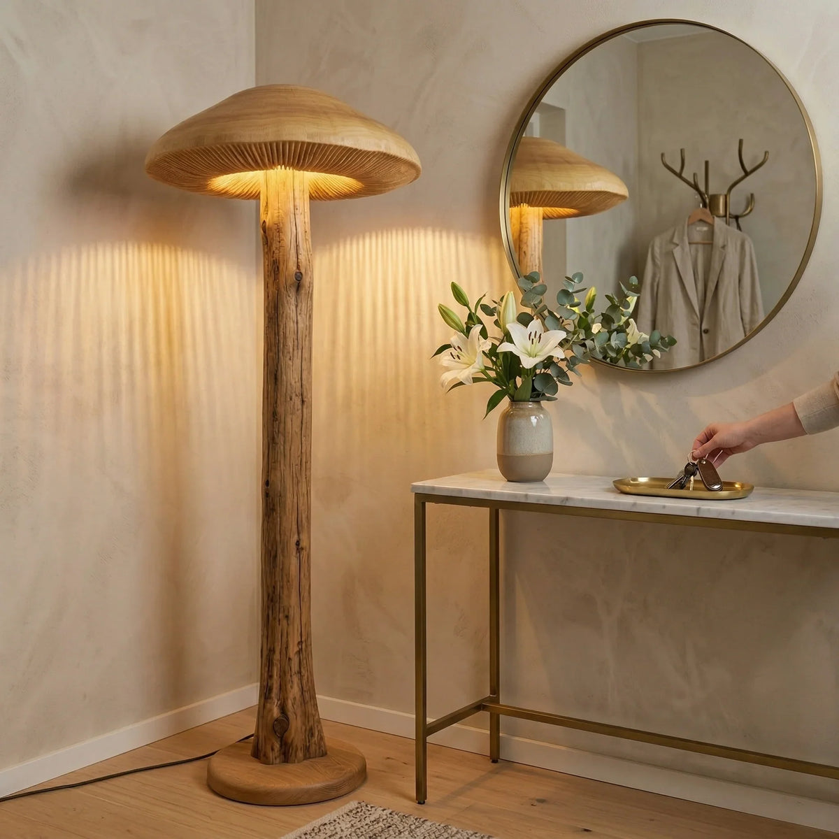 Wide parasol mushroom floor lamp with hand-carved wood base in modern entryway