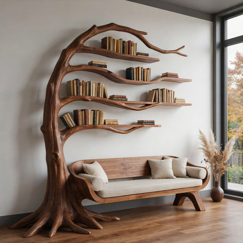Windswept tree bookshelf wall unit with sculpted curved reading bench in solid timber