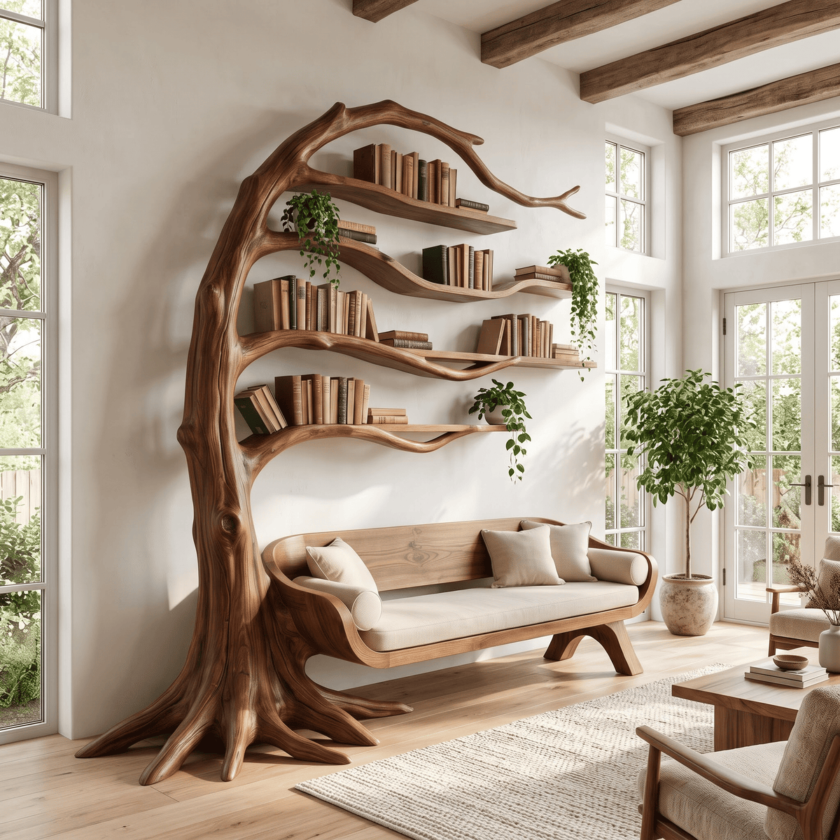 Windswept tree bookshelf wall unit styled in a contemporary living room