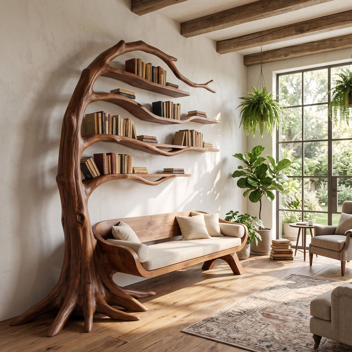 Solid timber wall bookcase with a sculpted curved reading bench in a cozy reading nook