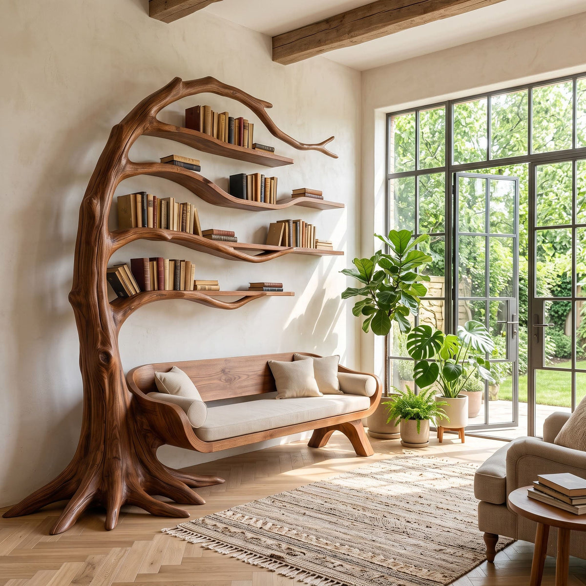 Organic tree-inspired shelving with an integrated wooden bench in a modern library