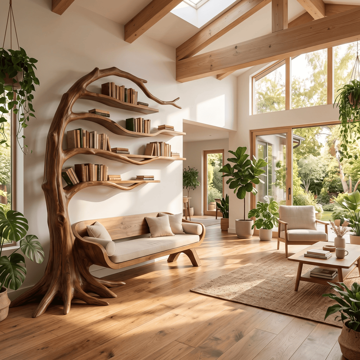 Windswept wooden bookcase and curved reading bench in a peaceful home library