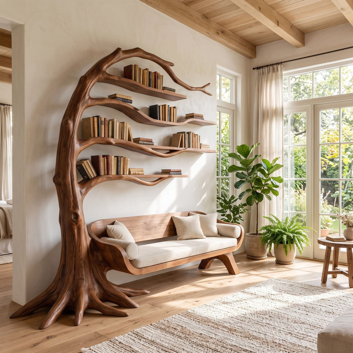 - Solid timber tree bookshelf with sculpted seating creating a statement reading corner