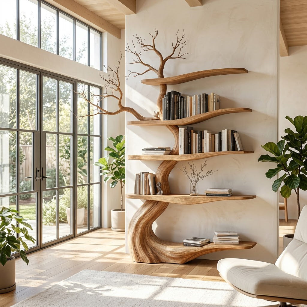 Handcrafted solid wood bookshelf with sinuous organic shelves in a modern reading nook