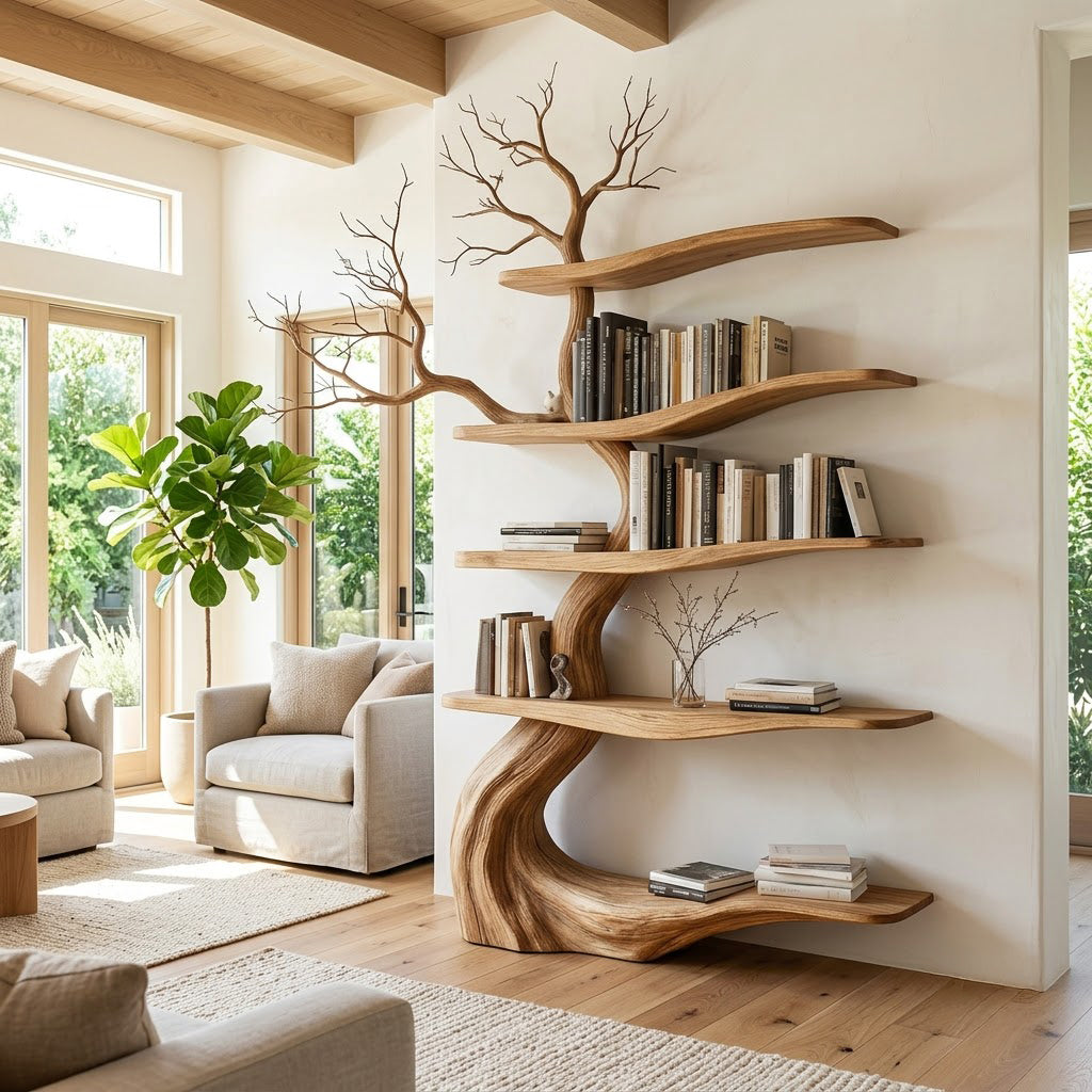 Winter twig canopy solid wood freestanding bookshelf in a contemporary living room