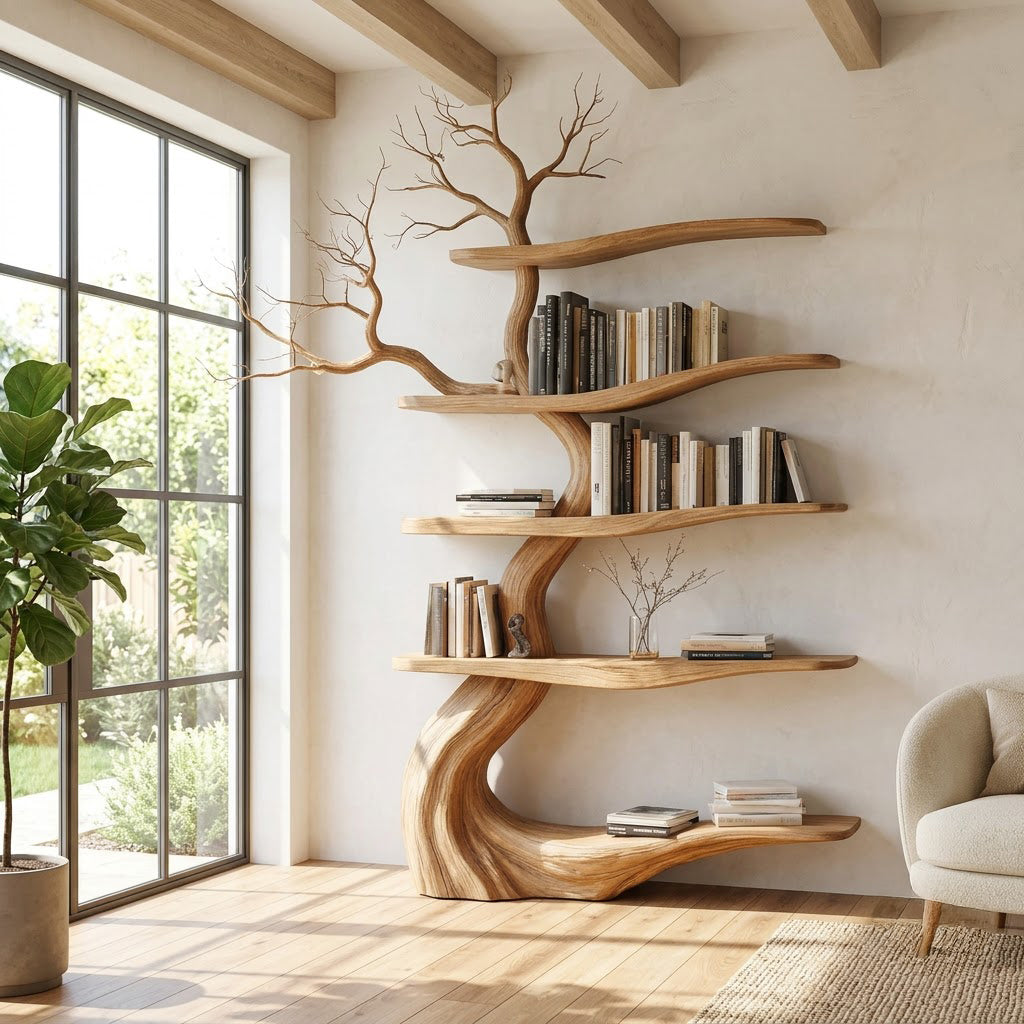 Winter twig solid wood bookcase showcased as a statement display piece