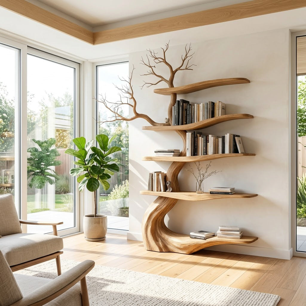 Organic solid wood canopy bookshelf enhancing a contemporary living space