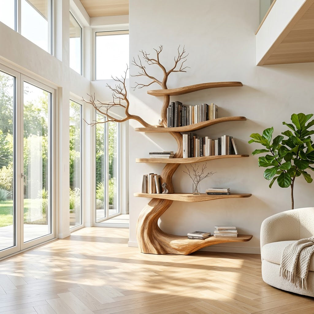 Handcrafted solid wood organic shelving styled in an elegant modern interior