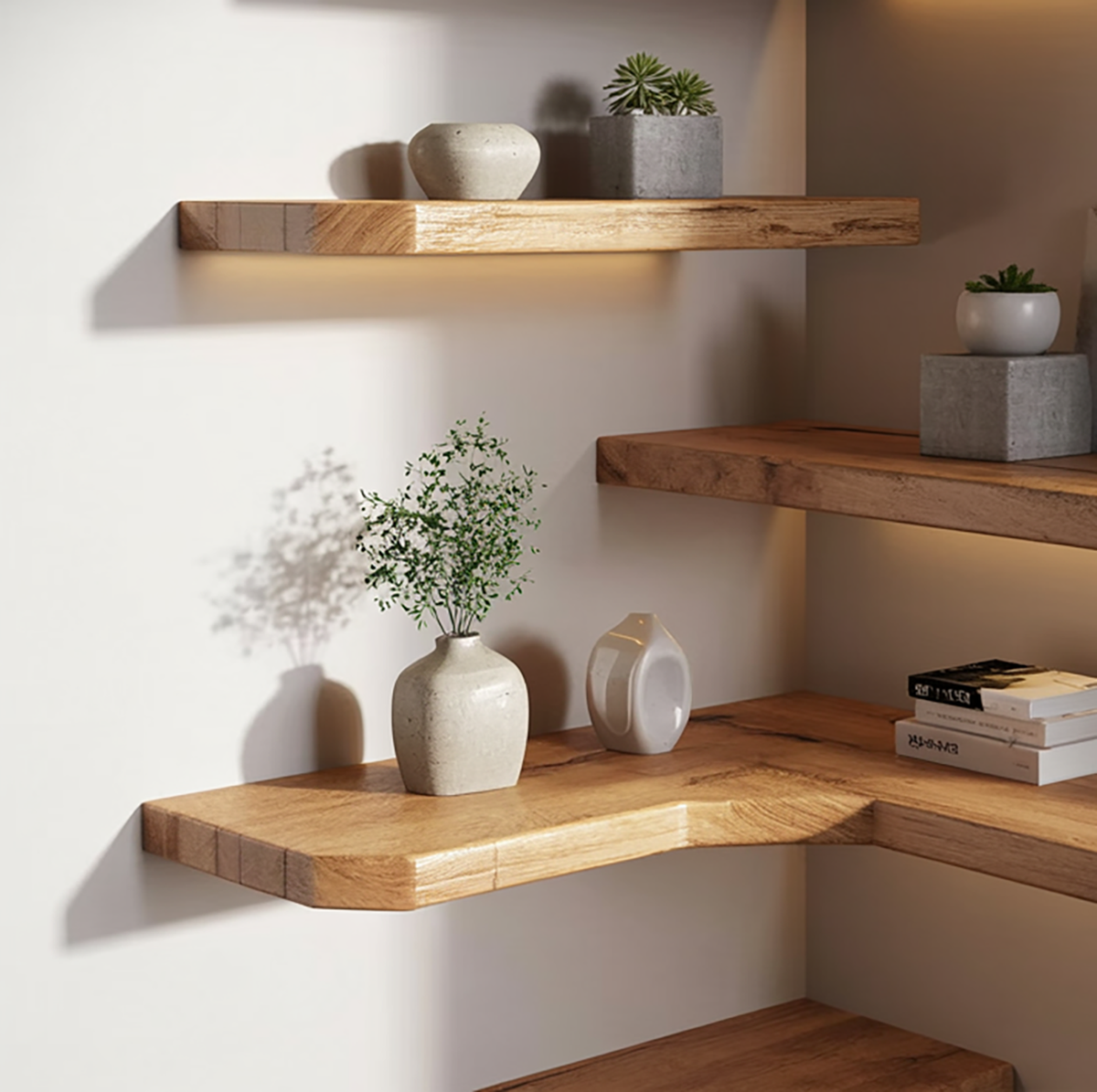 Heavy duty wooden corner wall shelf for storage and decor