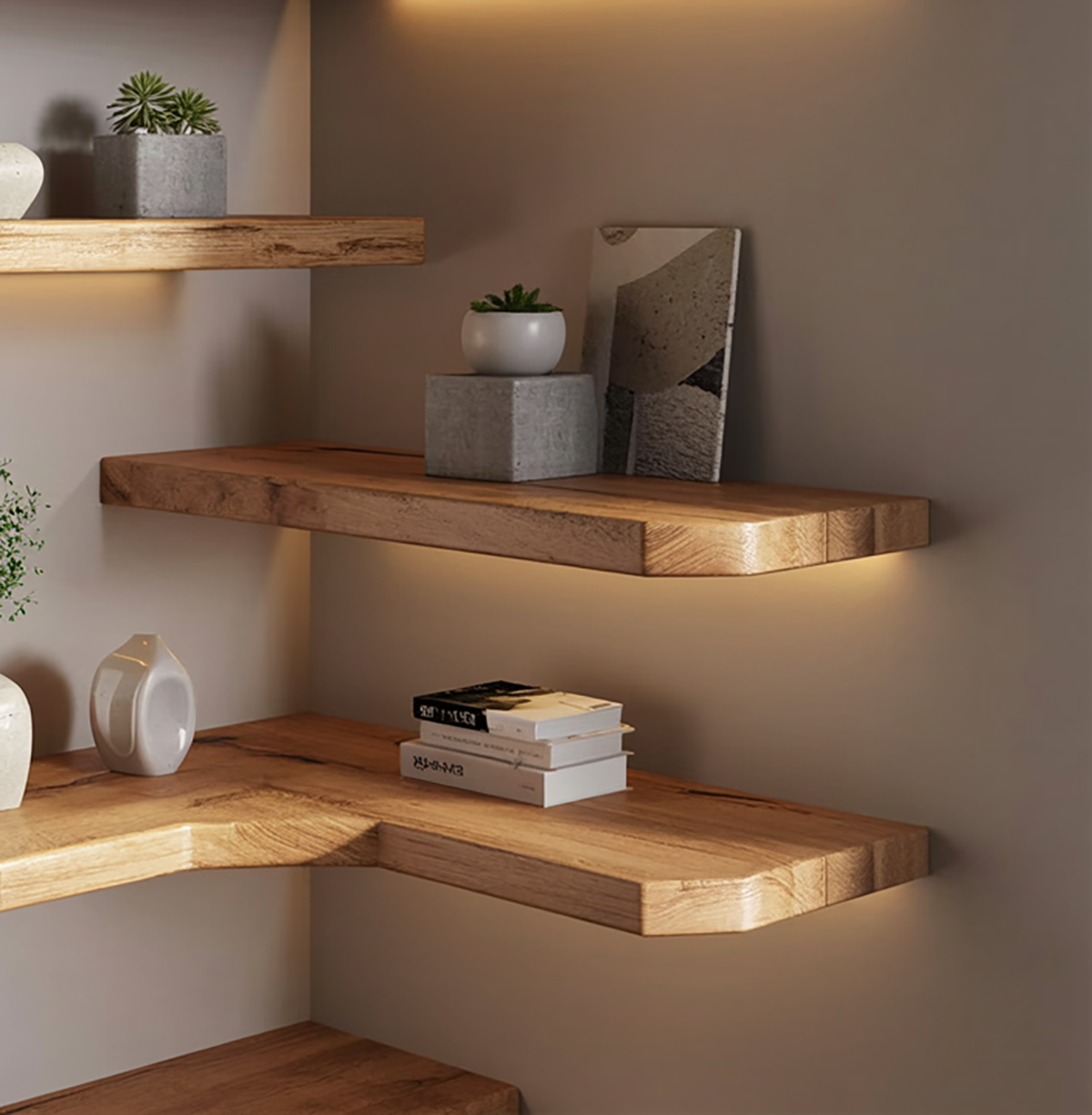 Floating corner shelf made from solid natural wood