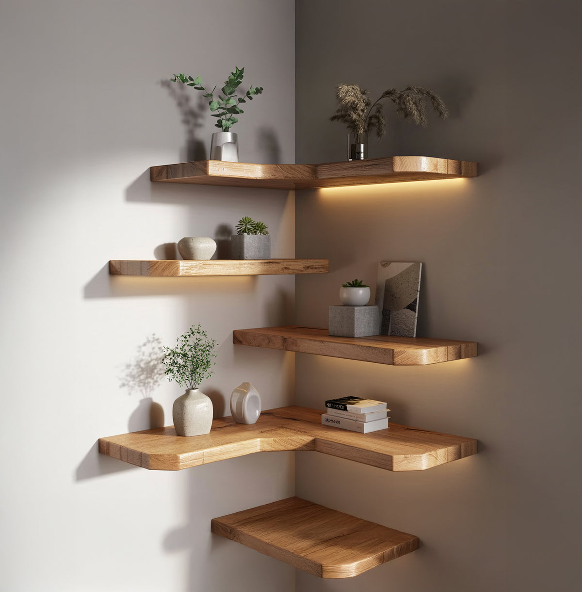 Wood corner shelves with heavy duty floating design