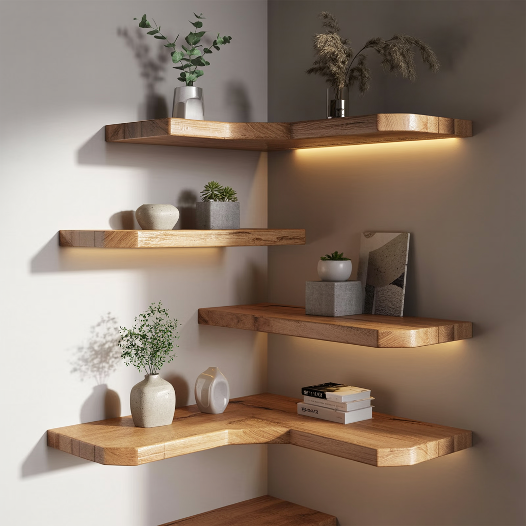 Rustic wood corner shelves for modern home interiors