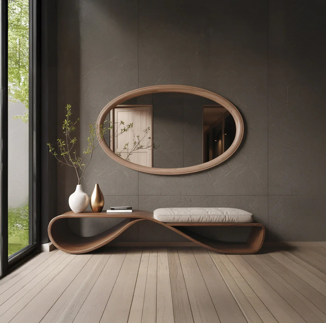 Handmade wooden bench with clean lines, perfect for entryway seating and home interior
