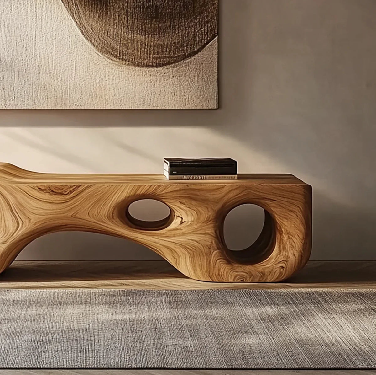 Sculptural solid wood bench for bedroom, hallway, or entryway decor