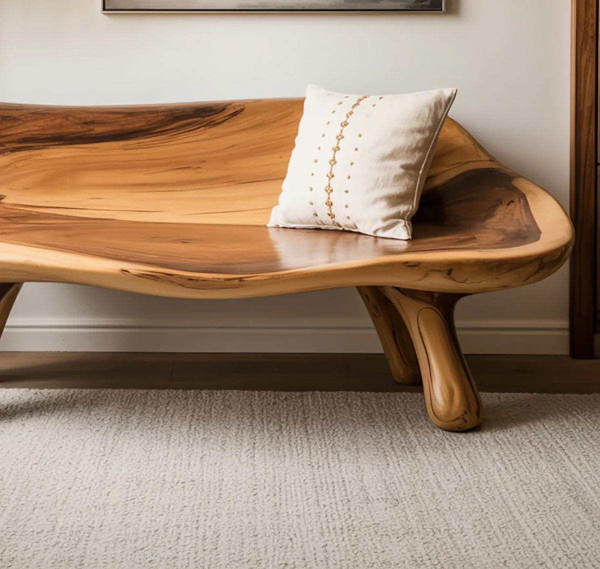 Comfortable wooden bench with durable build and natural wood finish