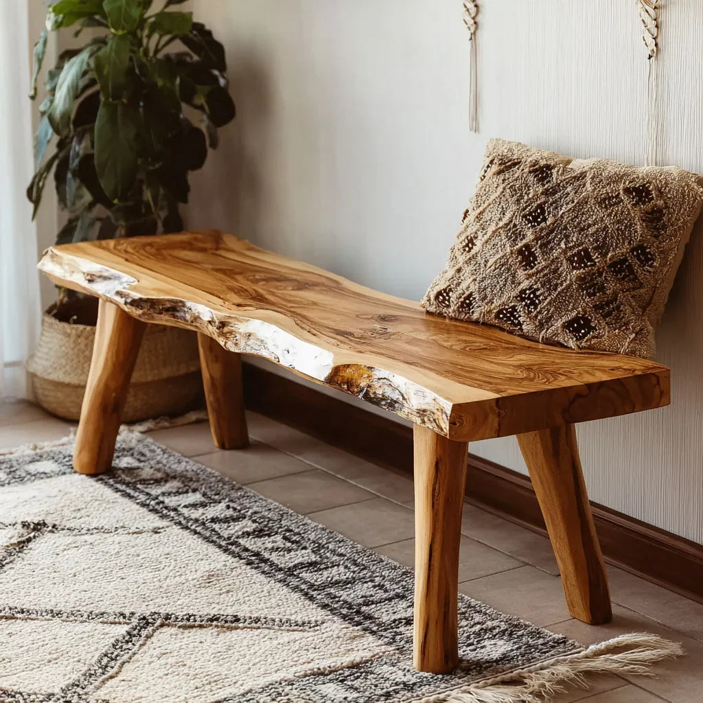 Live edge solid wood bench with natural finish, in a cozy room with a pillow and rug