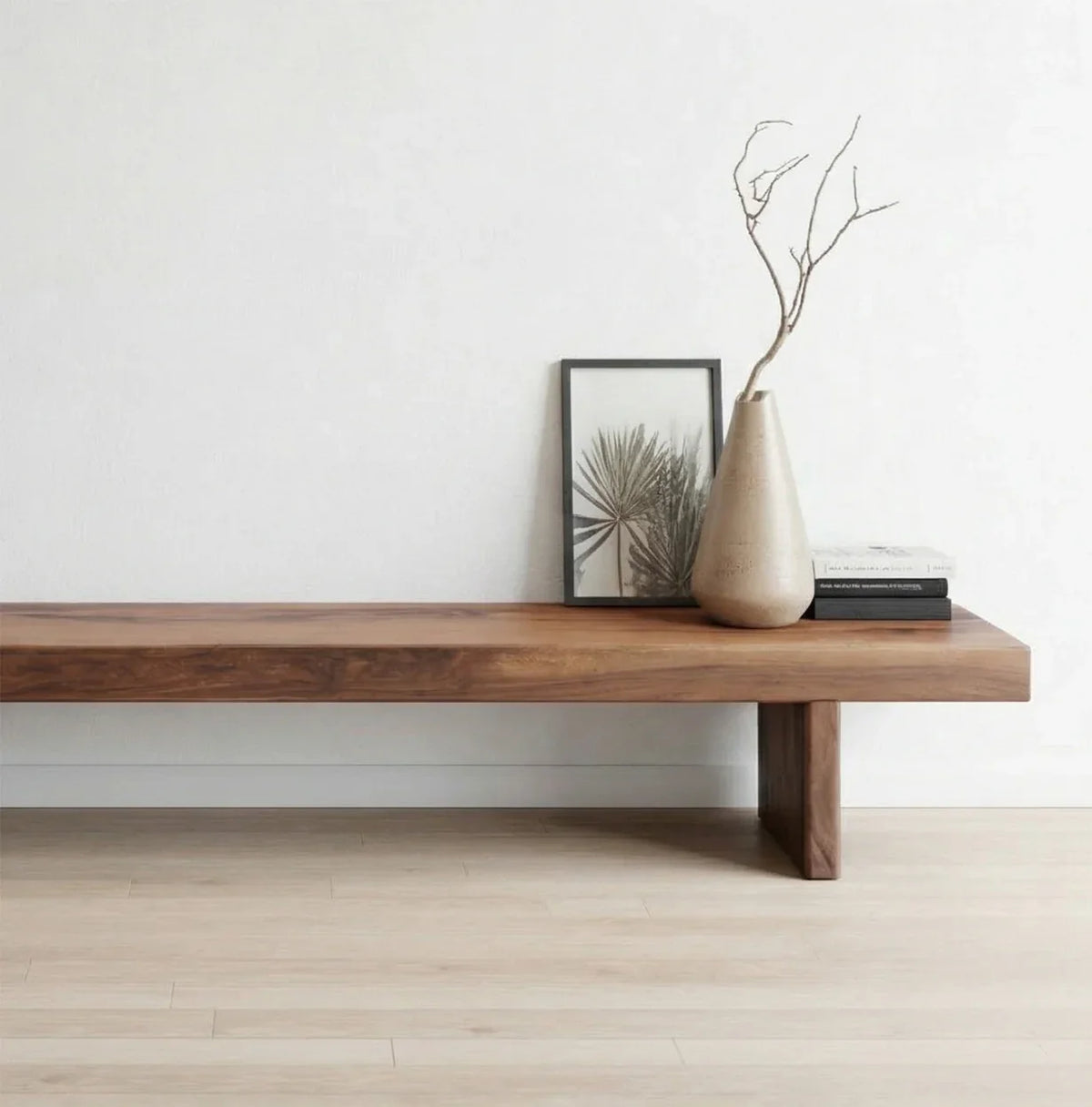 Wooden entryway bench with natural finish and texture