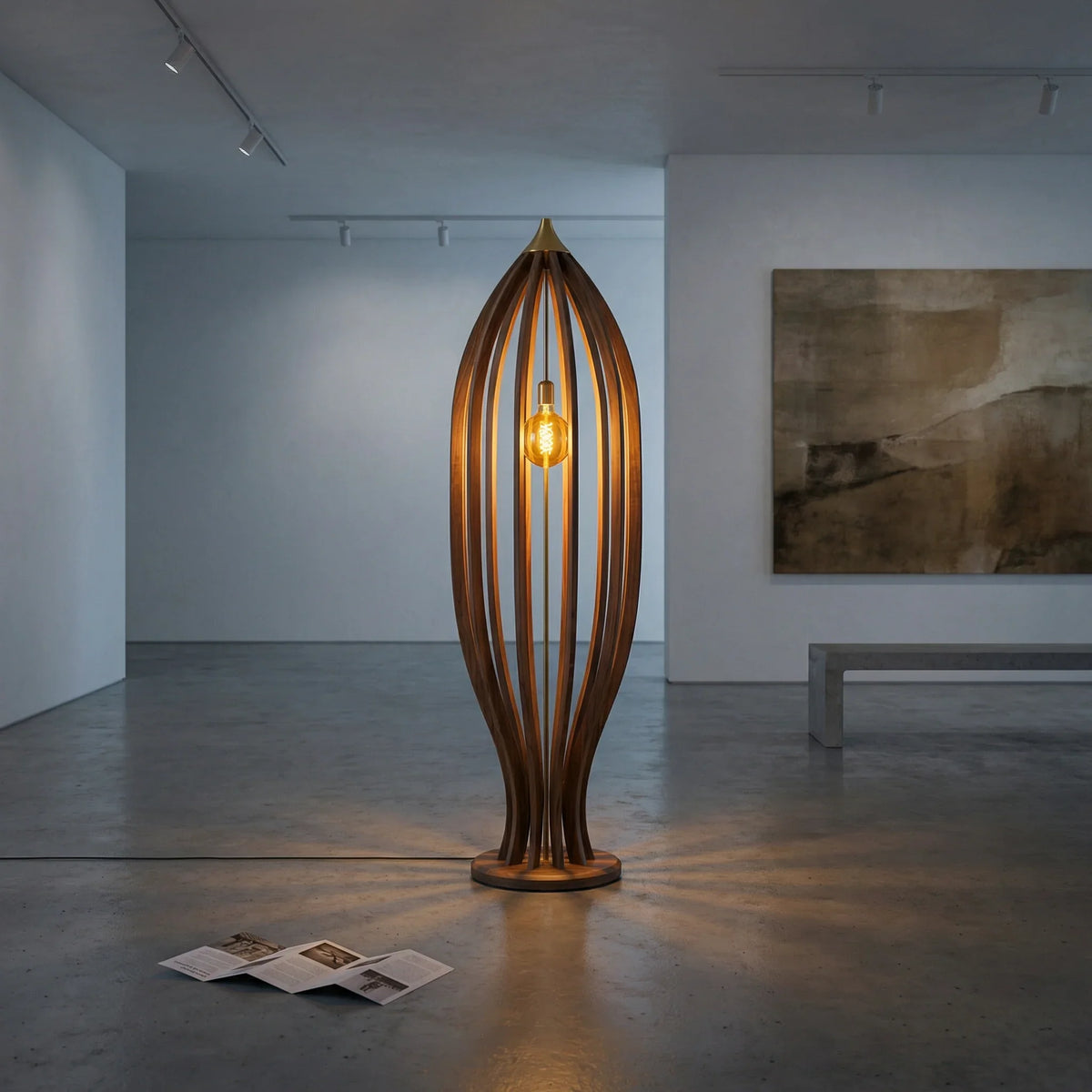 Wood cage floor lamp with exposed Edison bulb in modern minimalist room