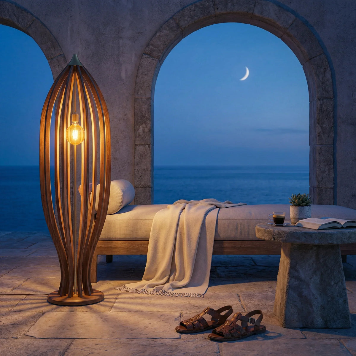 Modern wooden cage floor lamp with Edison bulb on a patio, ocean view at dusk