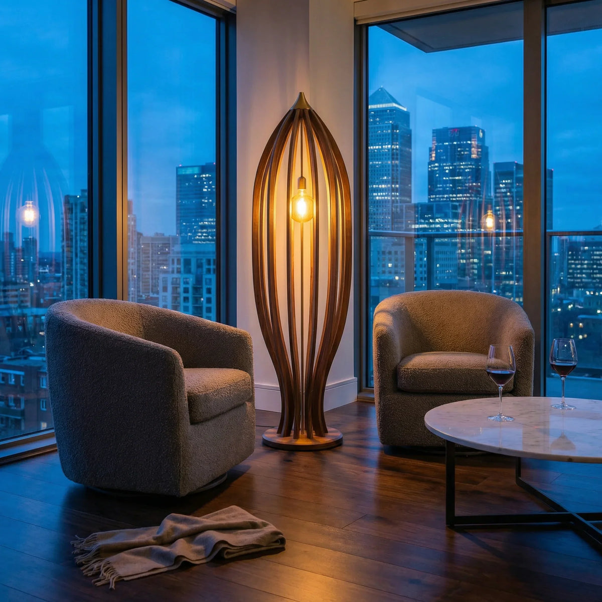 Modern wood cage floor lamp with Edison bulb in stylish living room, city view background