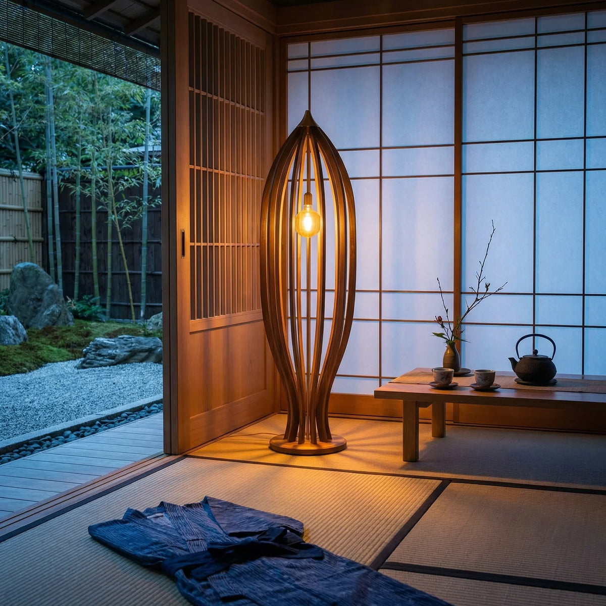 Wood cage floor lamp with Edison bulb in a Japanese-style room with shoji screens and tatami mat