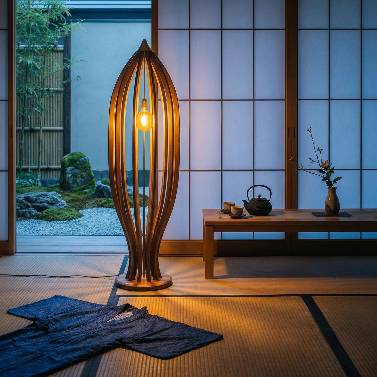 Wood cage floor lamp with exposed Edison bulb in serene Japanese-style room