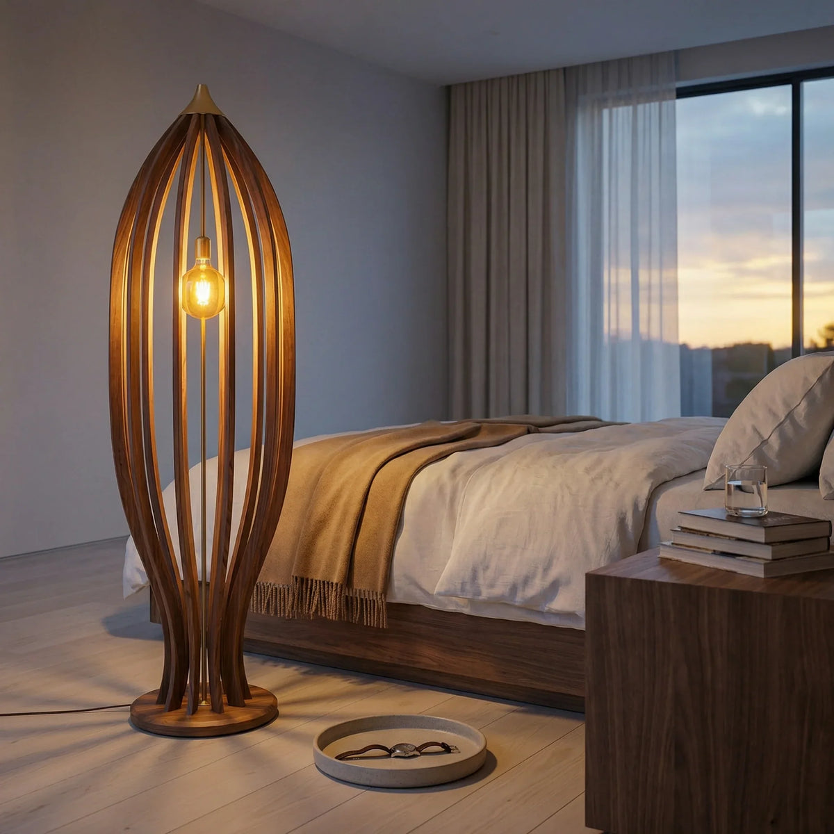 Wood cage floor lamp with exposed Edison bulb in modern bedroom setting