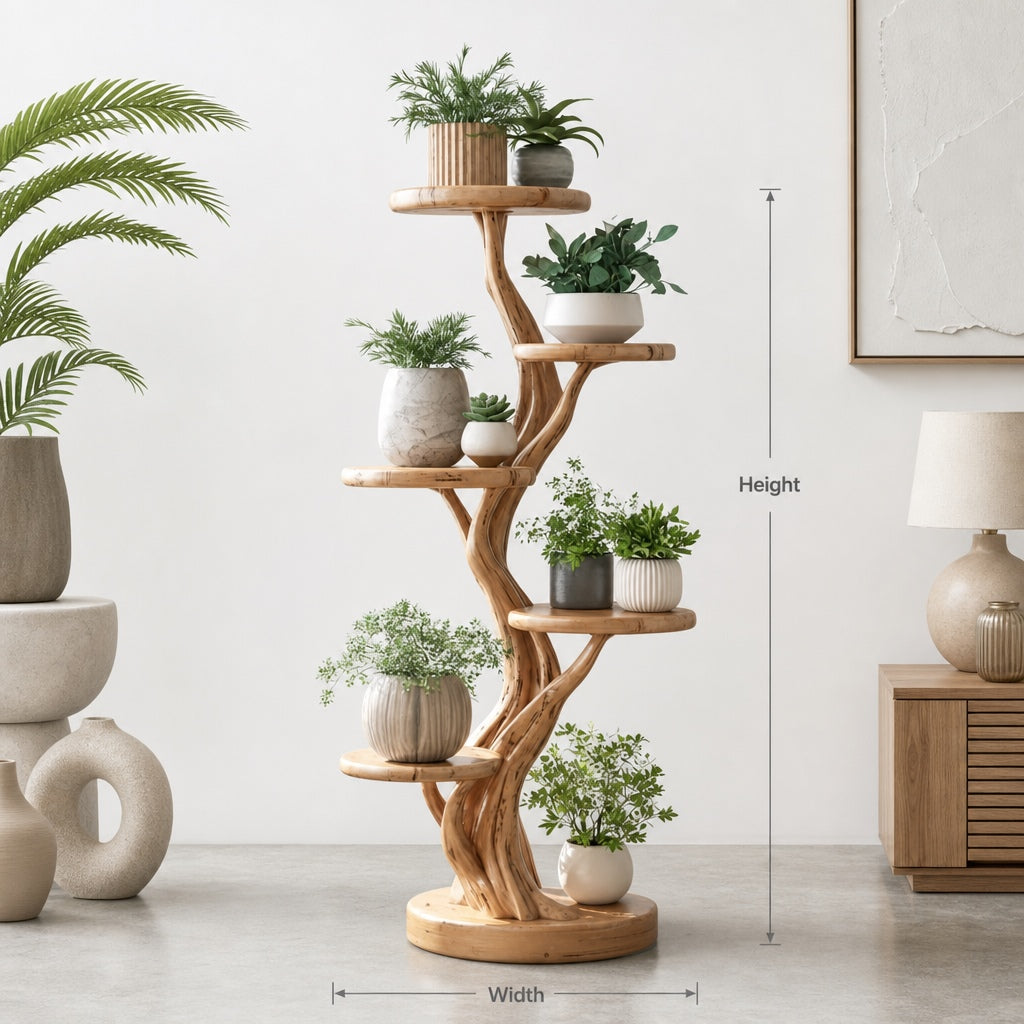 Wood Tree Plant Shelf – Rustic Organic Bonsai Stand – Natural Live-Edge Indoor Display