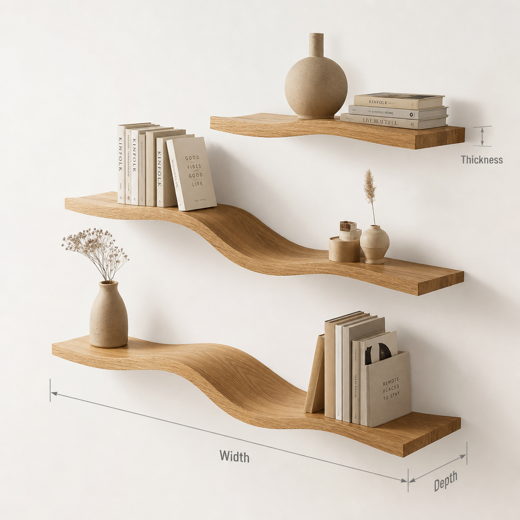 Wood Wavy Floating Shelf – Modern Wall-Mounted Farmhouse Decor