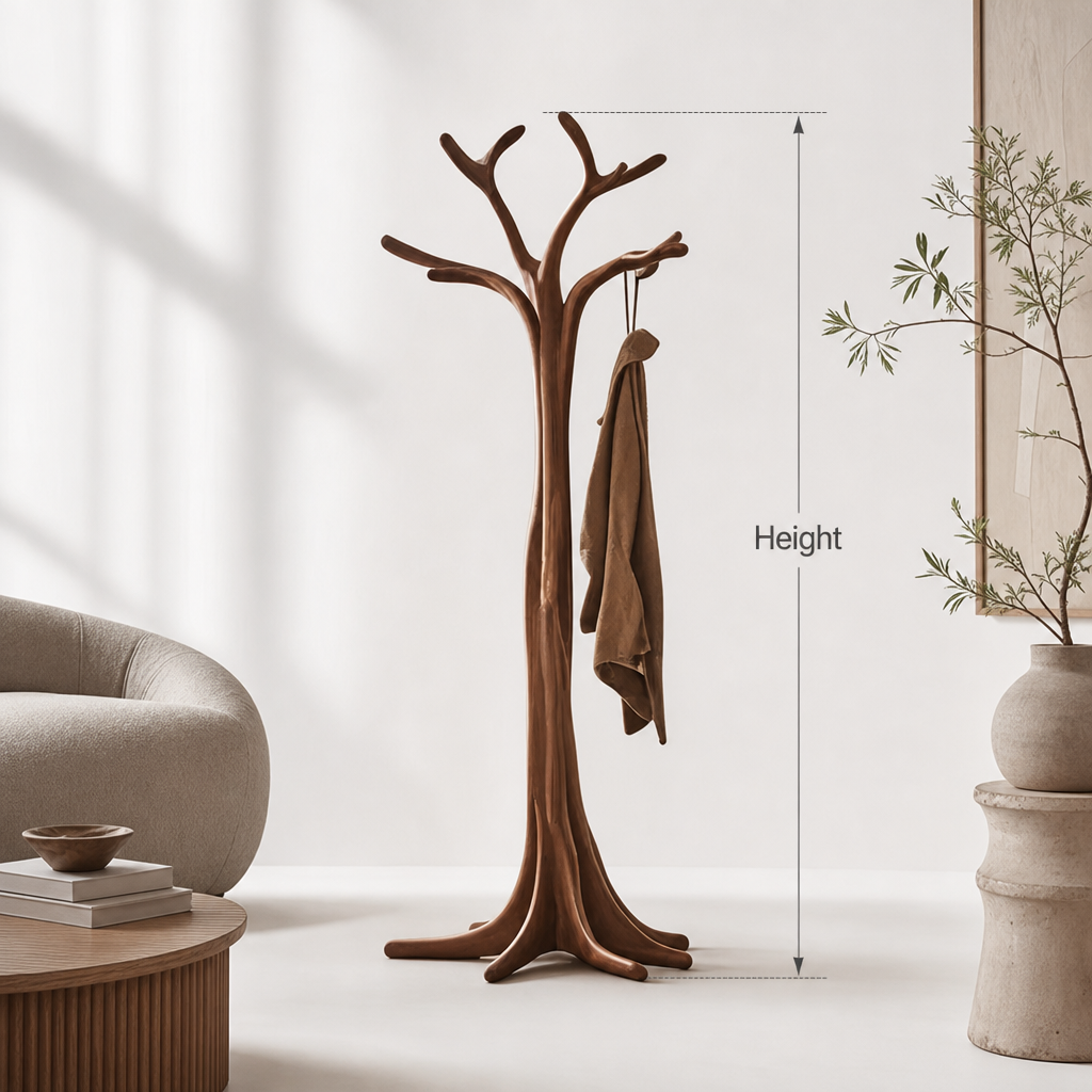 Vintage wooden hanging tree branch clothes rack styled as unique wall art