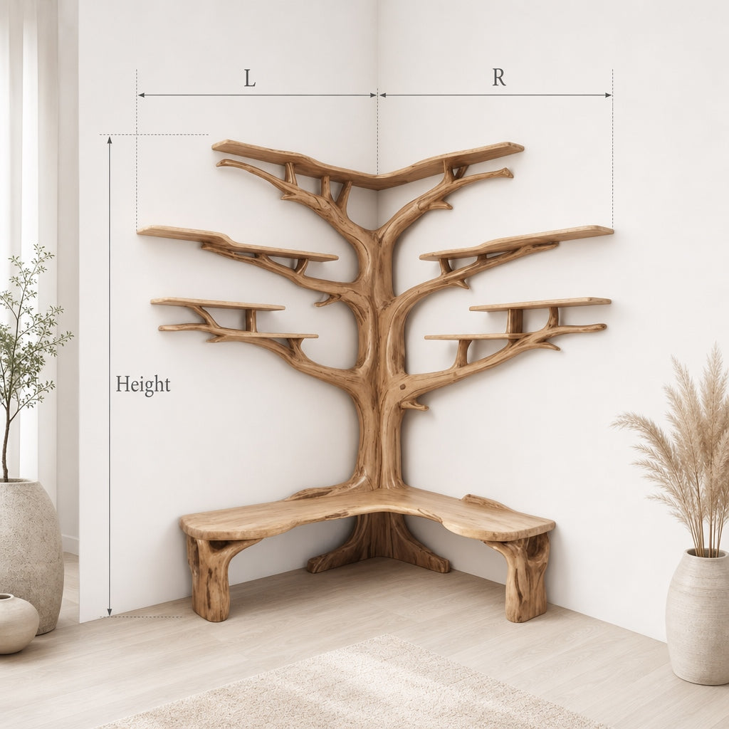 Wooden Tree Shelf Bench – Artistic Branch Bookshelf with Seating