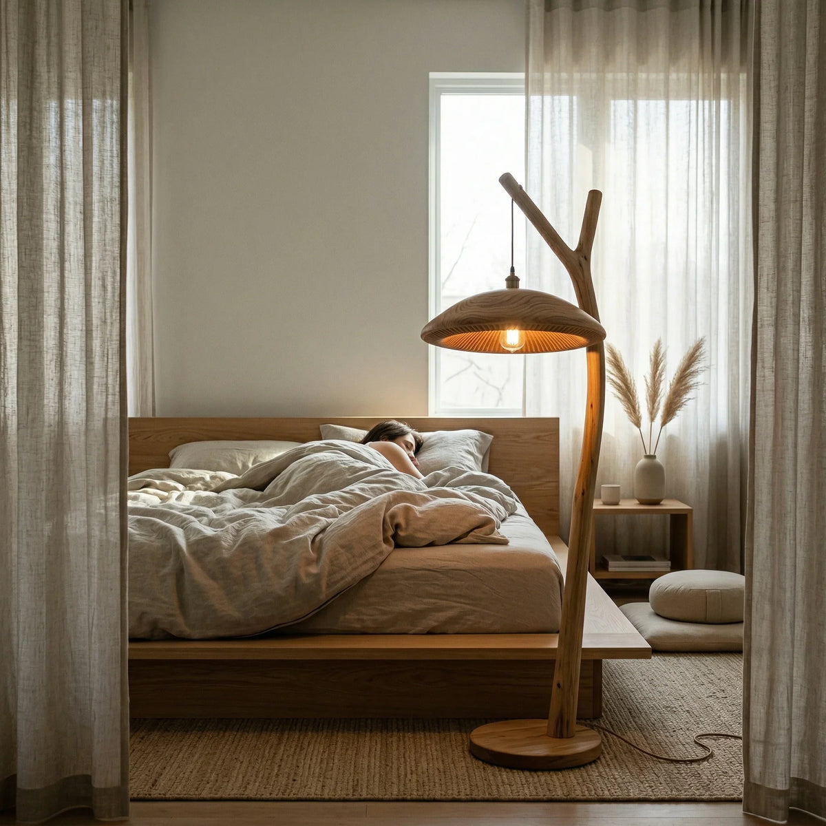 Sculpted solid wood mushroom floor lamp with pendant light in a cozy minimalist bedroom.