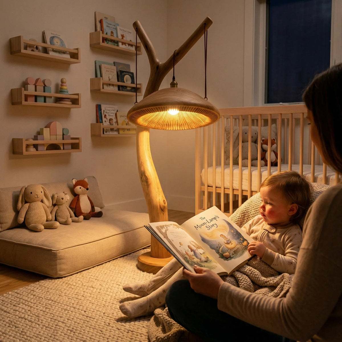 Solid wood sculpted mushroom floor lamp with pendant light in cozy nursery setting