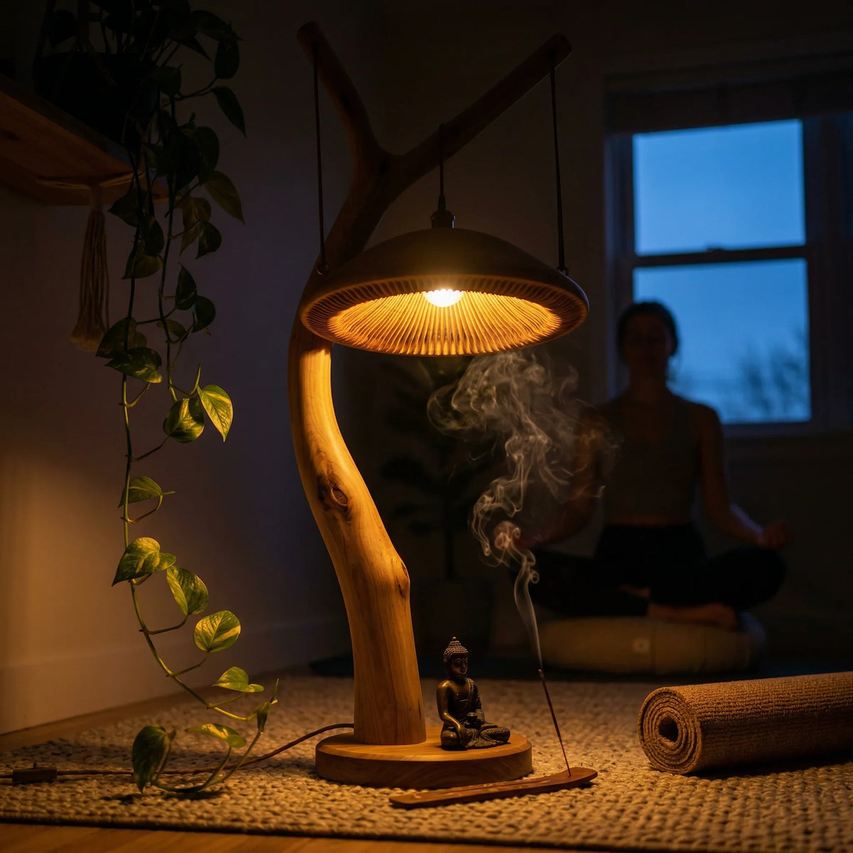 Solid wood floor lamp with mushroom-shaped pendant, incense, and meditation setup in cozy room