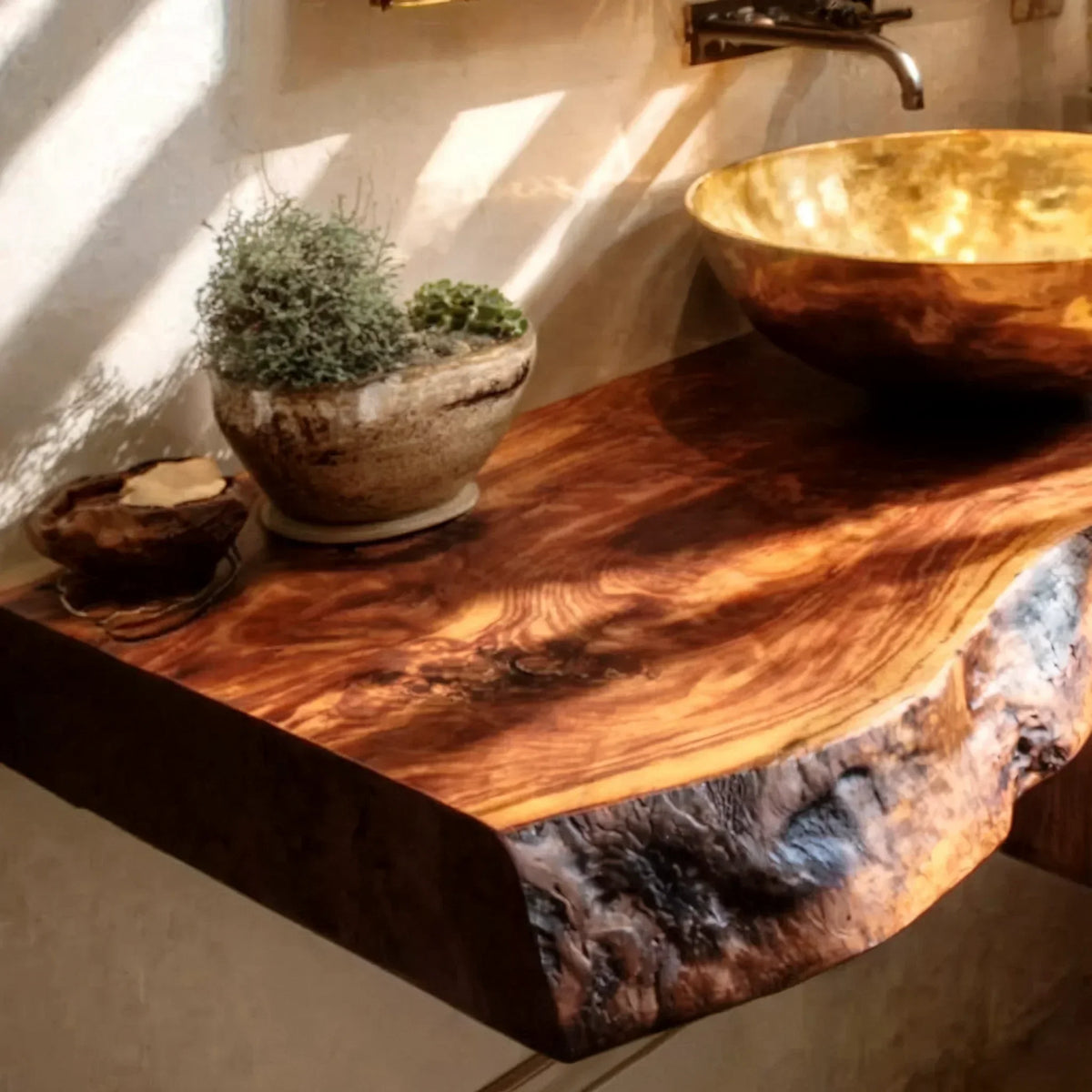 Close-up of a live edge solid wood countertop with a gold vessel sink and potted plants.