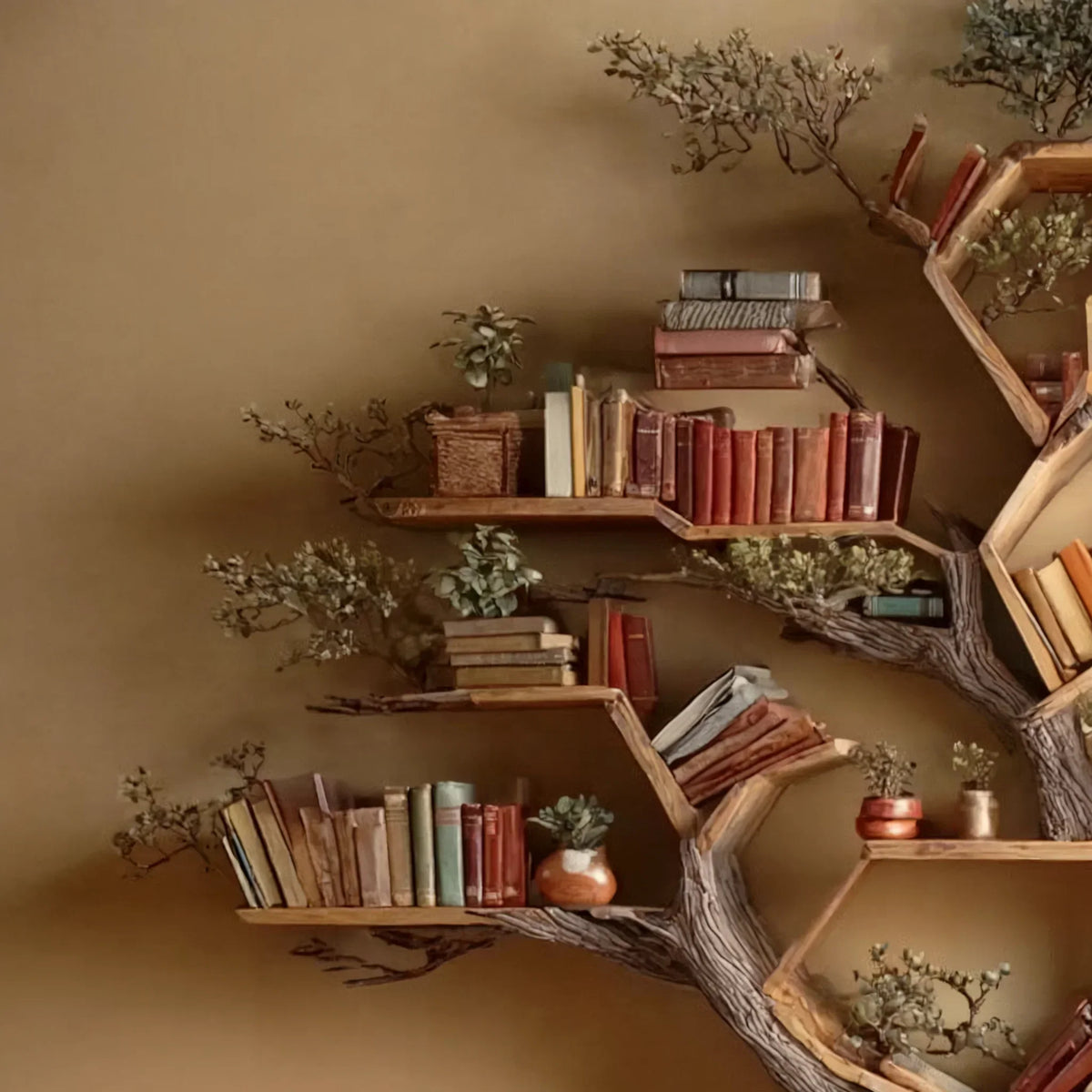Hexagonal tree-shaped bookshelf with books, plants, and rustic decor on a beige wall