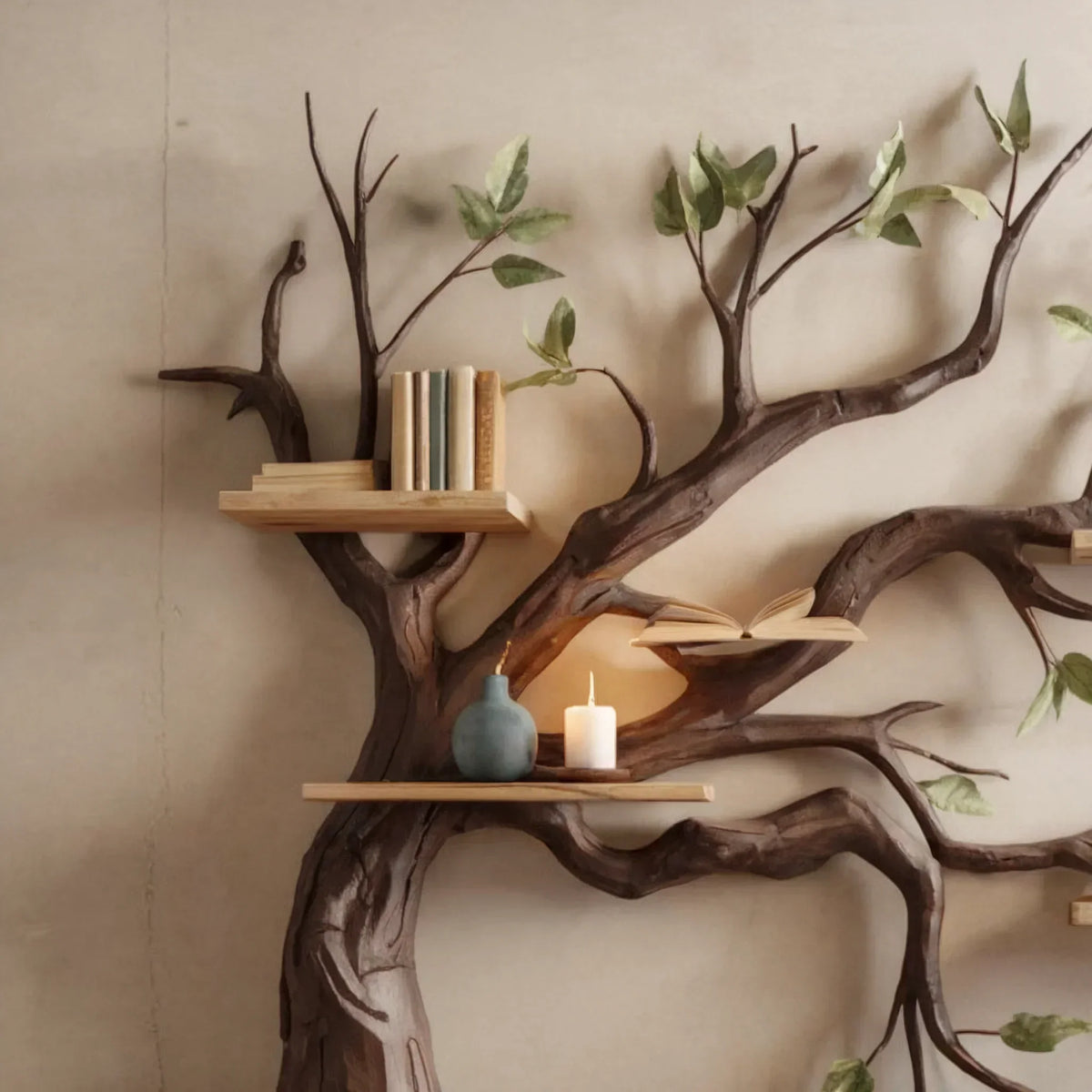 Decorative wall-mounted tree bookshelf with wooden shelves and leafy branches holding books and decor.