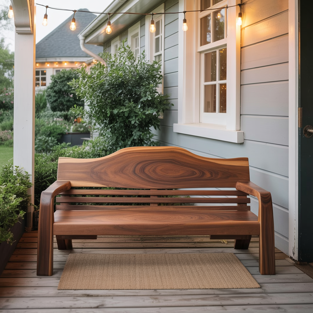 Handcrafted Rustic Outdoor Wooden Bench with Curved Backrest – Porch & Garden Seating