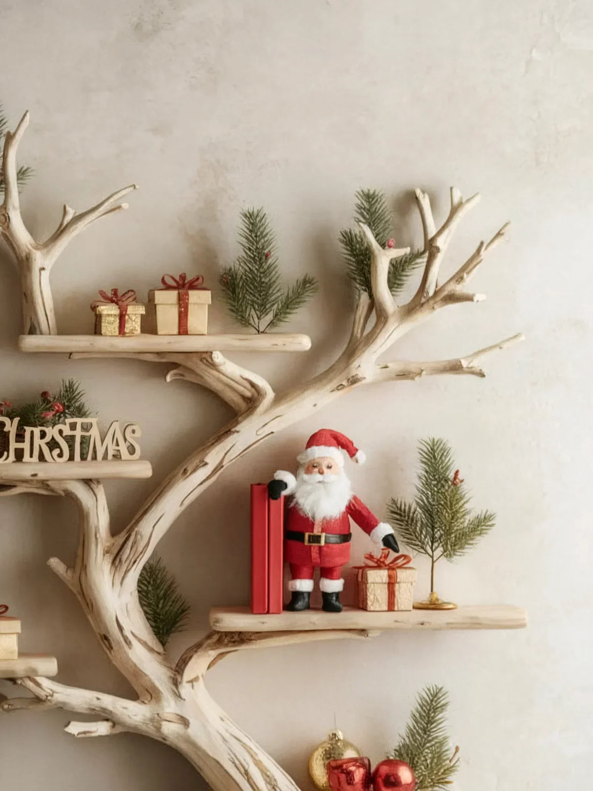 Minimalist tree bookshelf with Christmas decor, Santa figurine, gifts, and pine branches.