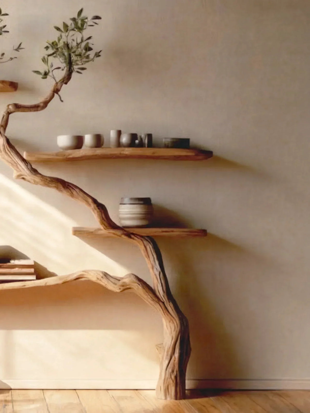 Minimalist living room with a live edge wood tree bookshelf and floating shelves