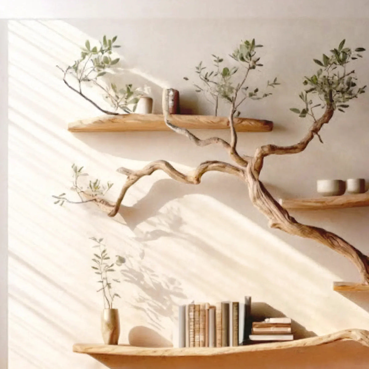Minimalist living room with floating solid wood shelves, live edge design, books and greenery.