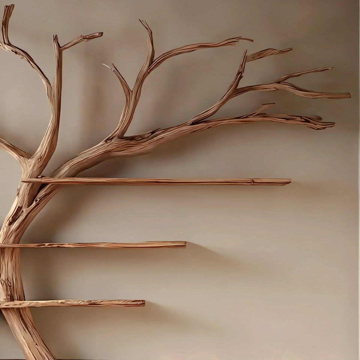 Minimalist tree-shaped wall-mounted shelf made of solid wood against a neutral wall.
